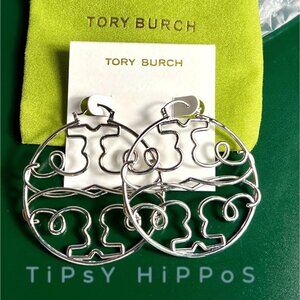 NEW!  Tory Burch Silver Large Logo Hoop Earrings!